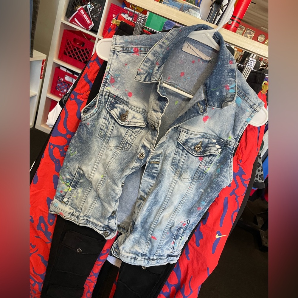 Men’s Evolution Denim Paint Splatter 🫟 Vest Used SZ SM Blue Pre Owned